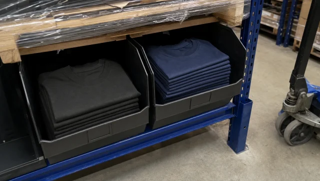 Separate storage bins hold black and navy T-shirts in a warehouse aisle, illustrating SKU differences.