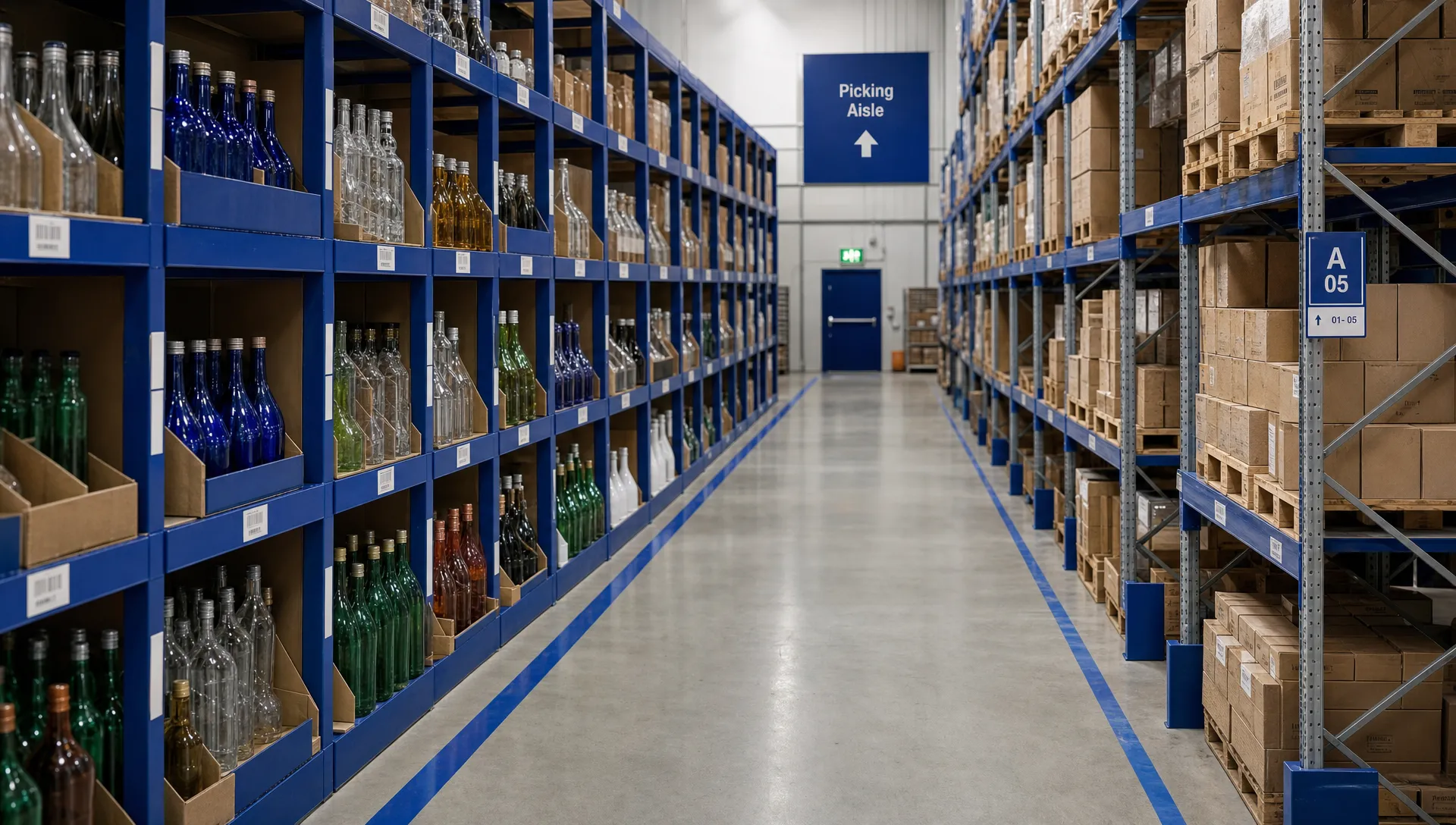 How Do 3PL Warehouses Manage Products With Hundreds of SKUs? 1 Separate warehouse bins hold bottles in different sizes and colours, with reserve cartons stored on higher racking beside a clear picking aisle.