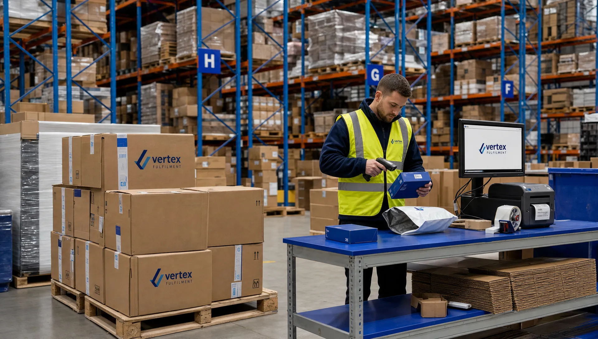 Shared warehouse stock for 3PL wholesale and eCommerce fulfilment, with cartons on pallets beside a packing bench holding individual parcels. A warehouse worker checks goods in a UK warehouse.