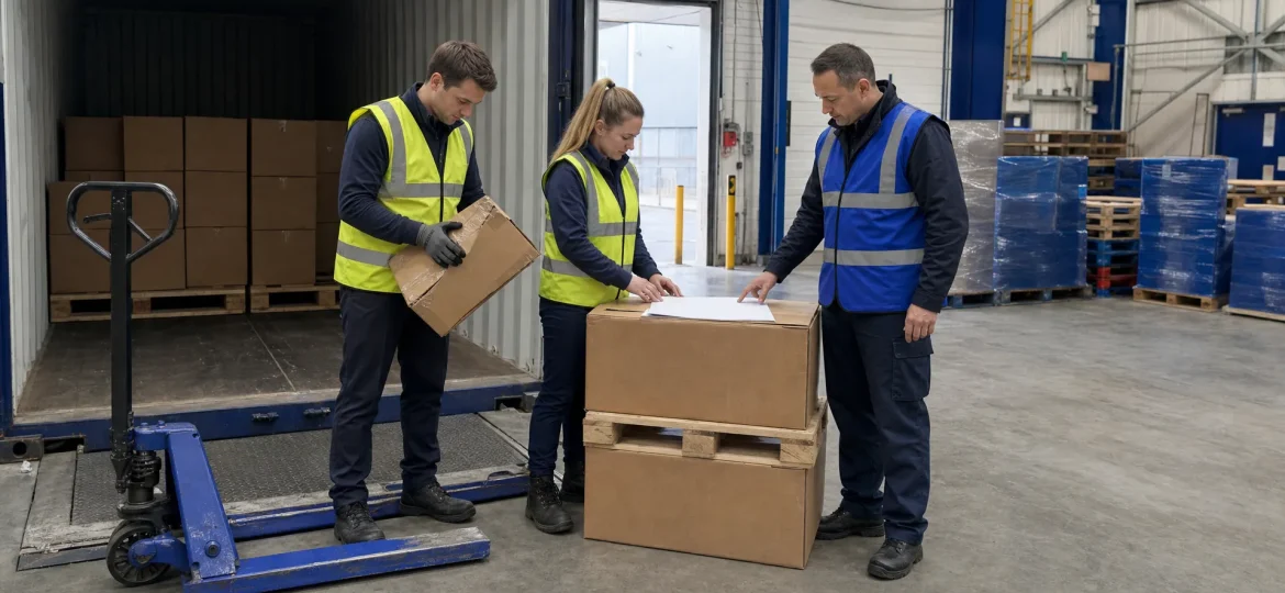 Three warehouse staff check incoming stock beside an open container before it goes into storage and sale prep.