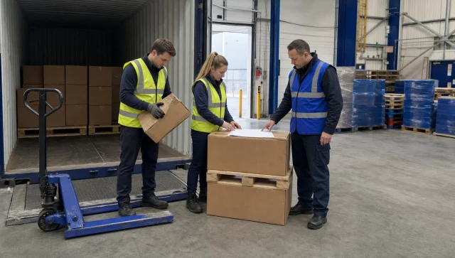 Three warehouse staff check incoming stock beside an open container before it goes into storage and sale prep.