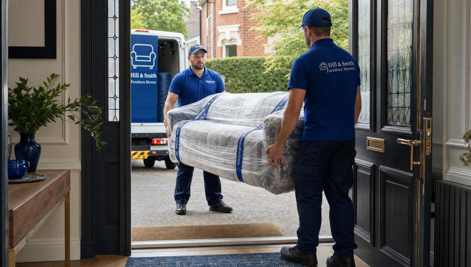 What Is Two-Man Delivery and Which Products Actually Need It? 1 Two delivery workers carry a wrapped sofa through a wide doorway in a UK home, showing a typical two-man delivery situation.