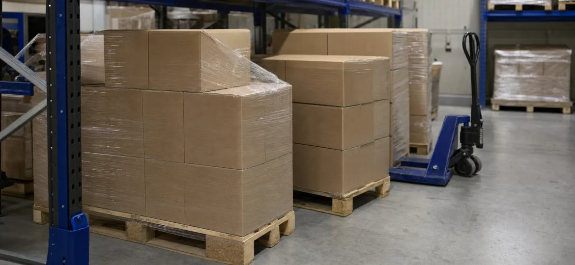 Two or three pallets of plain cartons sit in a racked aisle with a pallet truck nearby, showing small quantity pallet storage in a shared warehouse.