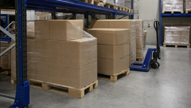 Two or three pallets of plain cartons sit in a racked aisle with a pallet truck nearby, showing small quantity pallet storage in a shared warehouse.
