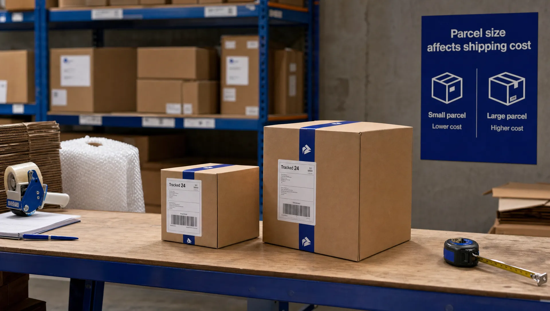 What Is Dimensional Weight and Why Can It Make Your Shipping Cost More? 1 Two packed cartons of different sizes sit on a warehouse bench beside packing materials and a tape measure, showing why parcel size can affect shipping cost.