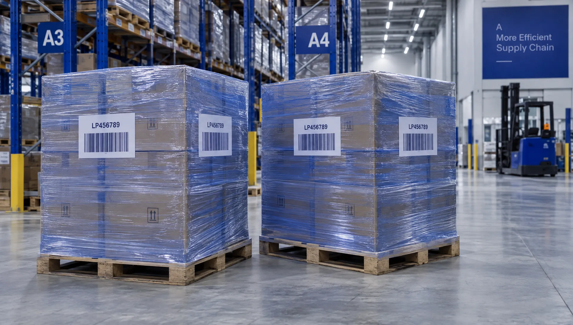 Pallet Labels, Carton Labels and SSCC Codes - A Guide for UK Suppliers 1 Two stretch-wrapped pallets stand in a warehouse aisle, each with matching barcode labels on adjacent sides for identifying the logistics unit.