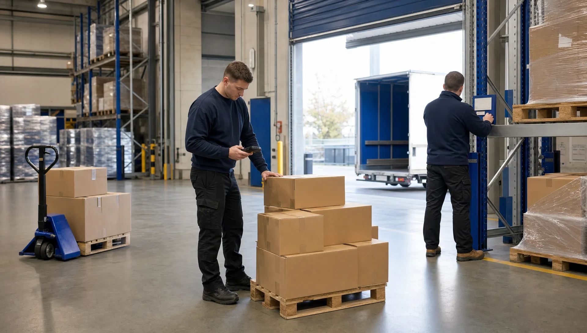 Can I Store My Products in a UK Warehouse If My Business Is Based Abroad? 1 Two warehouse operatives check plain cartons beside pallet racking in a UK receiving bay for overseas stock.