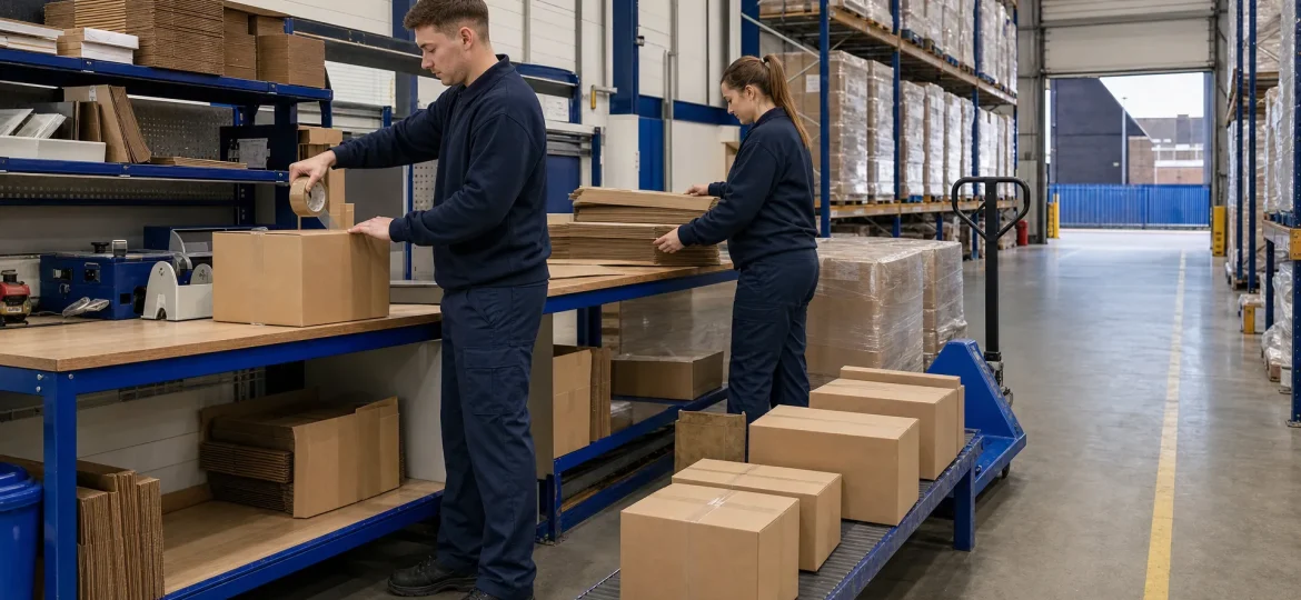 Two warehouse operatives pack online orders beside staged parcels in a working UK warehouse.