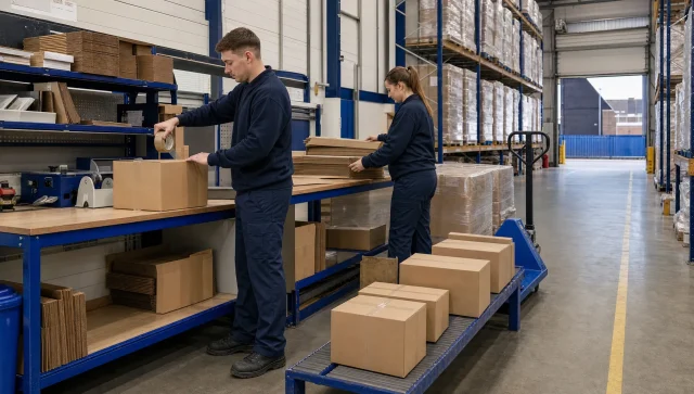 Two warehouse operatives pack online orders beside staged parcels in a working UK warehouse.