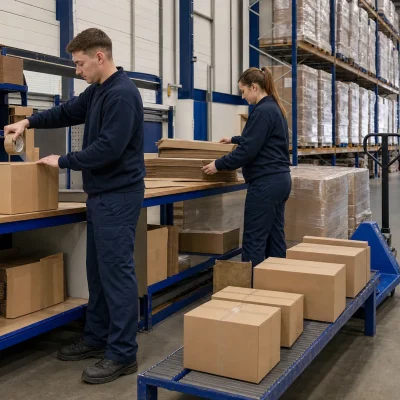 Two warehouse operatives pack online orders beside staged parcels in a working UK warehouse.