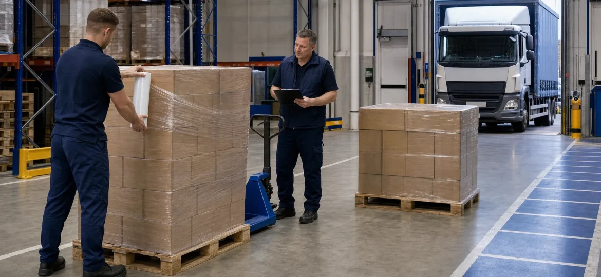Two warehouse operatives prepare pallet loads for supermarket distribution centre delivery beside a goods-out aisle and loading bay.