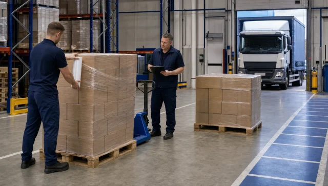 Two warehouse operatives prepare pallet loads for supermarket distribution centre delivery beside a goods-out aisle and loading bay.