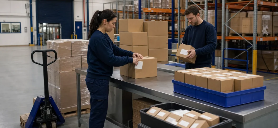 Two warehouse operatives relabel plain cartons on a workbench beside trays of finished and awaiting stock.