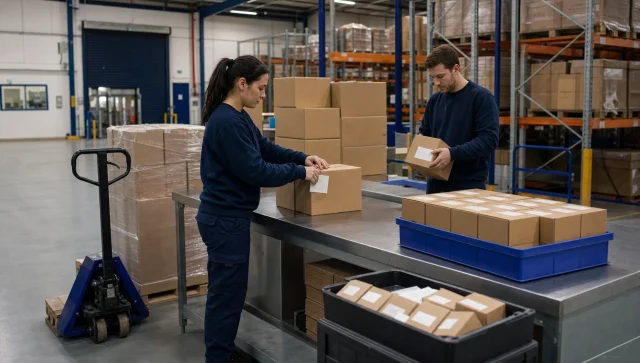 Two warehouse operatives relabel plain cartons on a workbench beside trays of finished and awaiting stock.