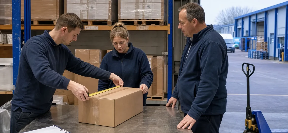 Two warehouse staff measure a packed parcel at a dispatch bench while checking its size before shipping.