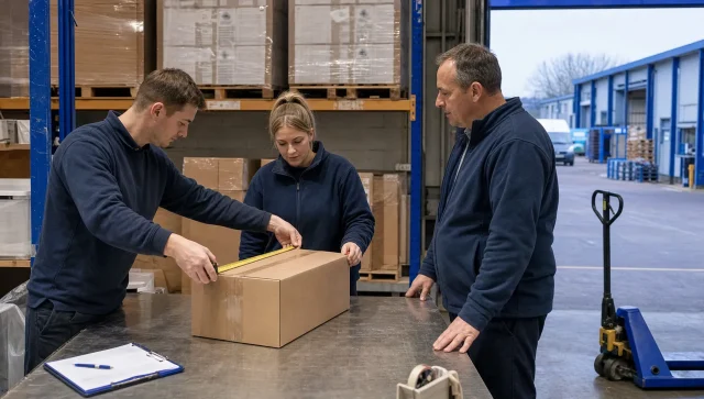 Two warehouse staff measure a packed parcel at a dispatch bench while checking its size before shipping.