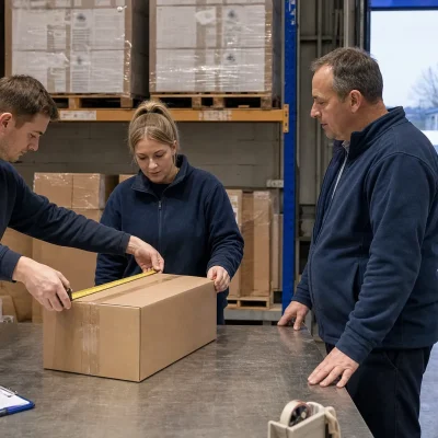Two warehouse staff measure a packed parcel at a dispatch bench while checking its size before shipping.