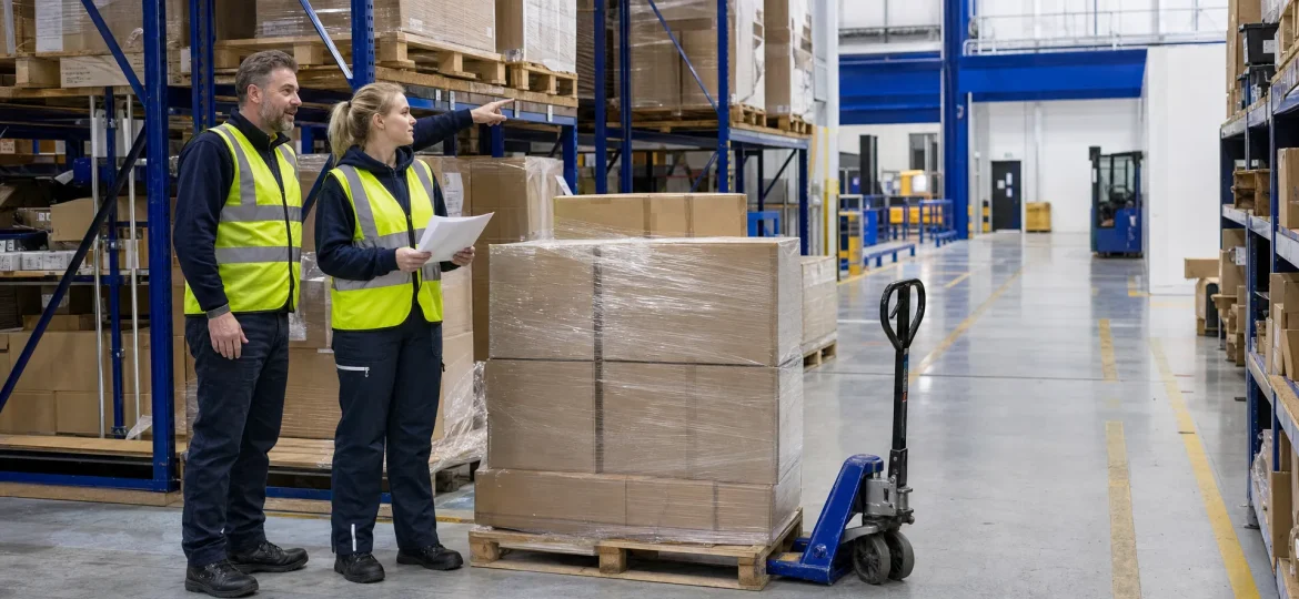 Two warehouse staff review a palletised order and dispatch papers before a blind shipping collection.
