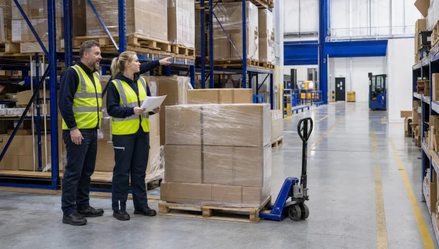 Two warehouse staff review a palletised order and dispatch papers before a blind shipping collection.