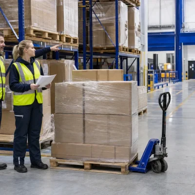 Two warehouse staff review a palletised order and dispatch papers before a blind shipping collection.