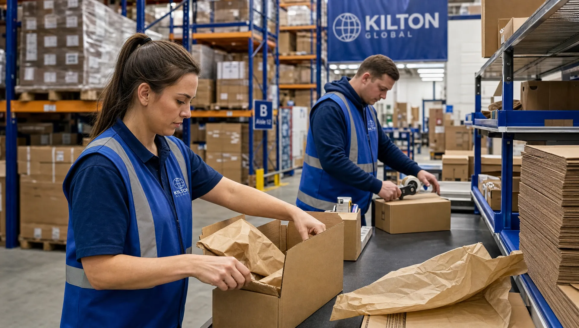 How Can I Ship 100 Orders a Day Without Packing Them Myself? 1 Two warehouse staff work at packing benches in a UK fulfilment warehouse, using plain cartons and protective paper beside storage racks.