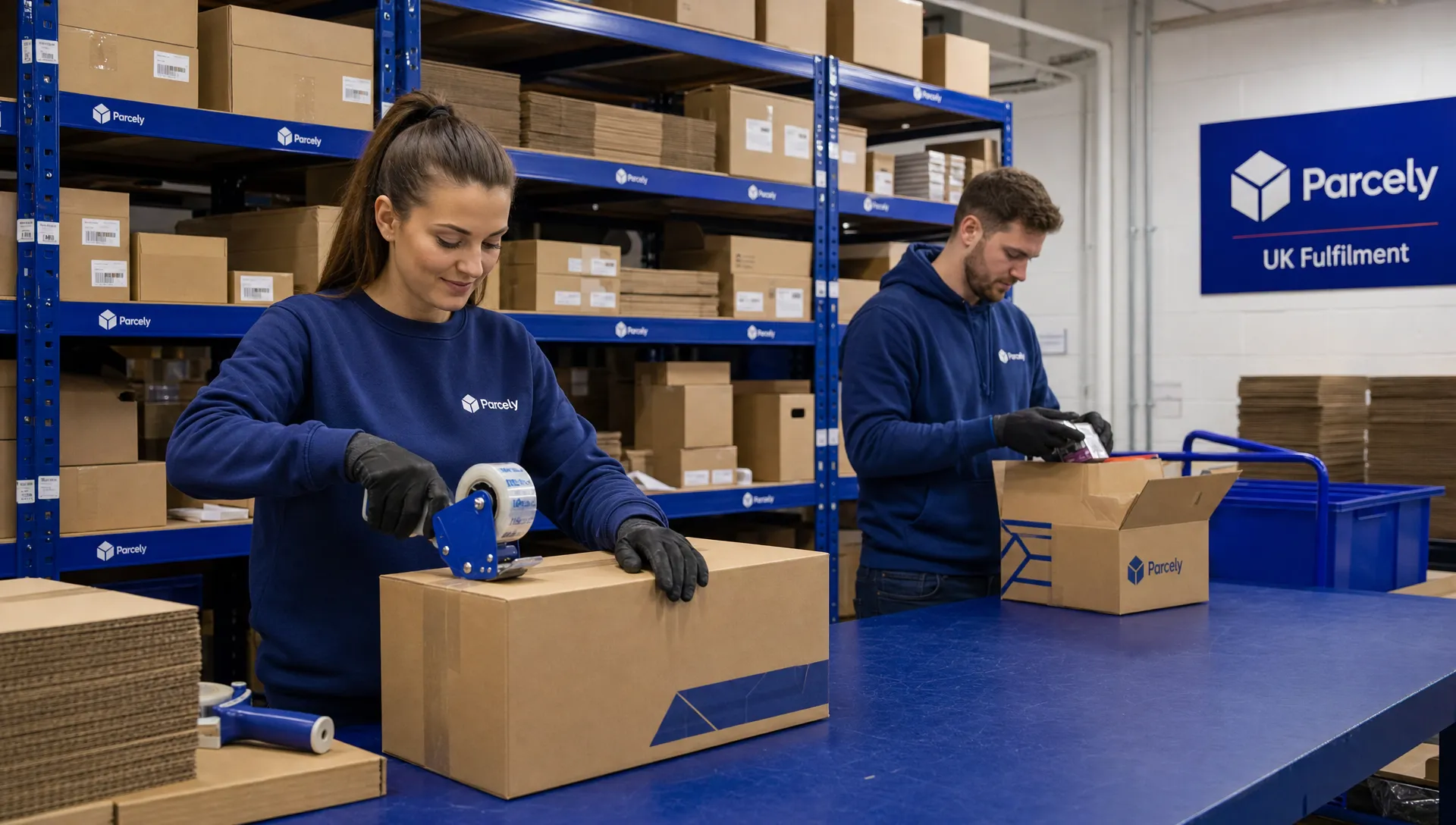 How Can I Keep My Online Shop Running While I'm on Holiday? 1 Two warehouse workers prepare parcels beside shelves of stock and plain cardboard boxes in a UK fulfilment area.
