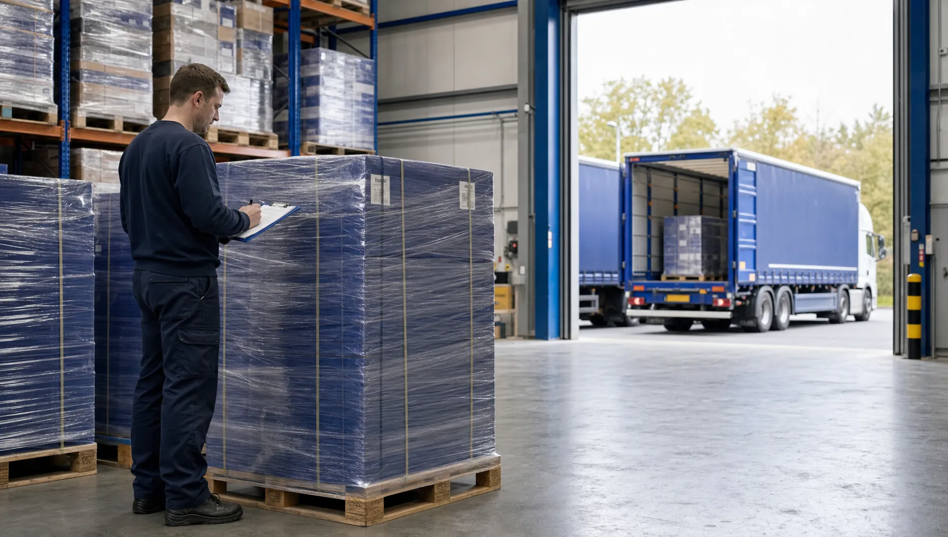 I've Just Received a Large Wholesale Order - How Do I Get Everything Delivered? 1 Warehouse staff in plain unbranded workwear check securely wrapped pallets beside a clear loading area for a wholesale delivery.