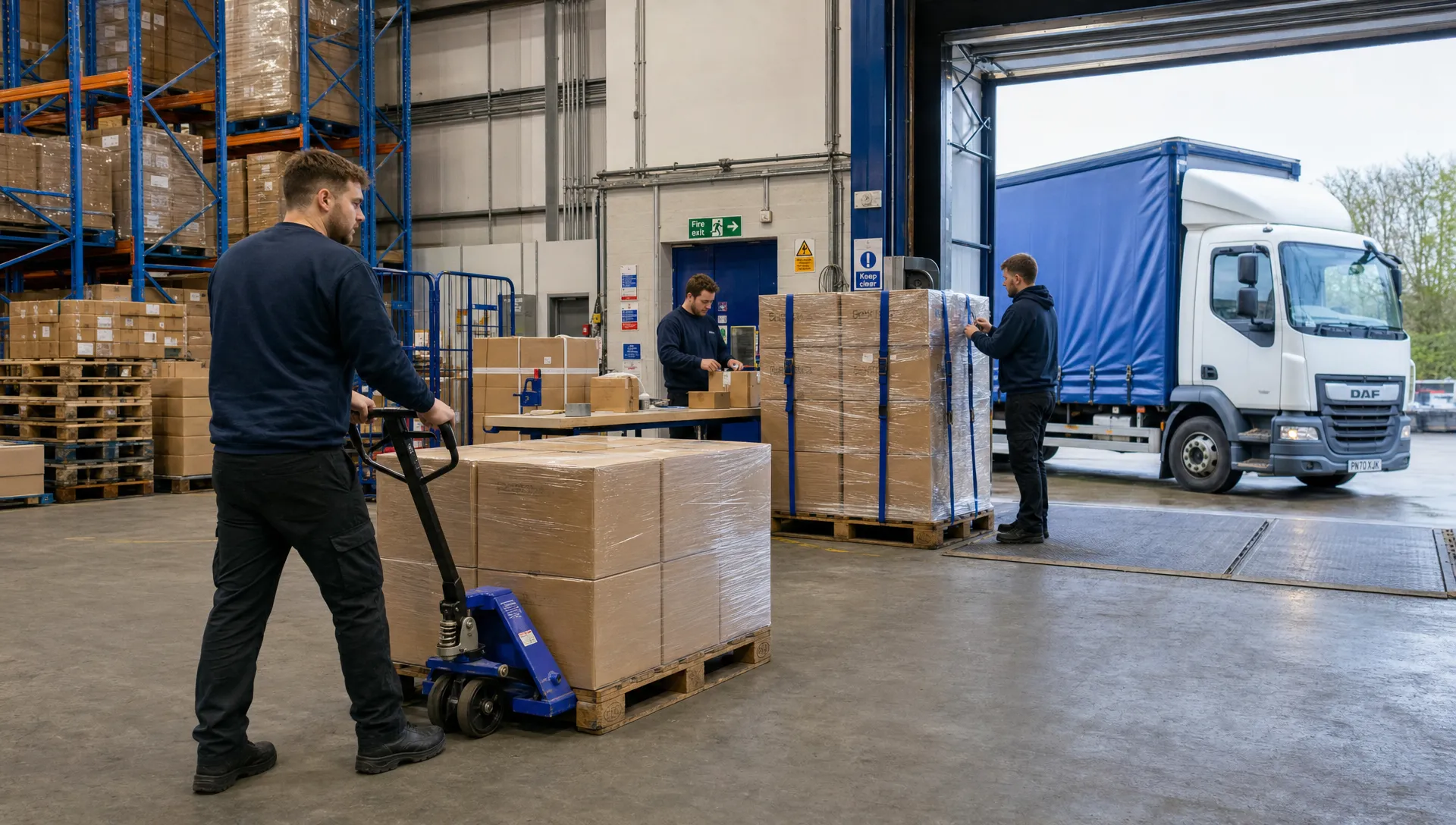 How Can I Send Products to Shops Across the UK Without My Own Delivery Vans? 1 Warehouse team prepares cartons and pallets for retail distribution beside a loading bay.