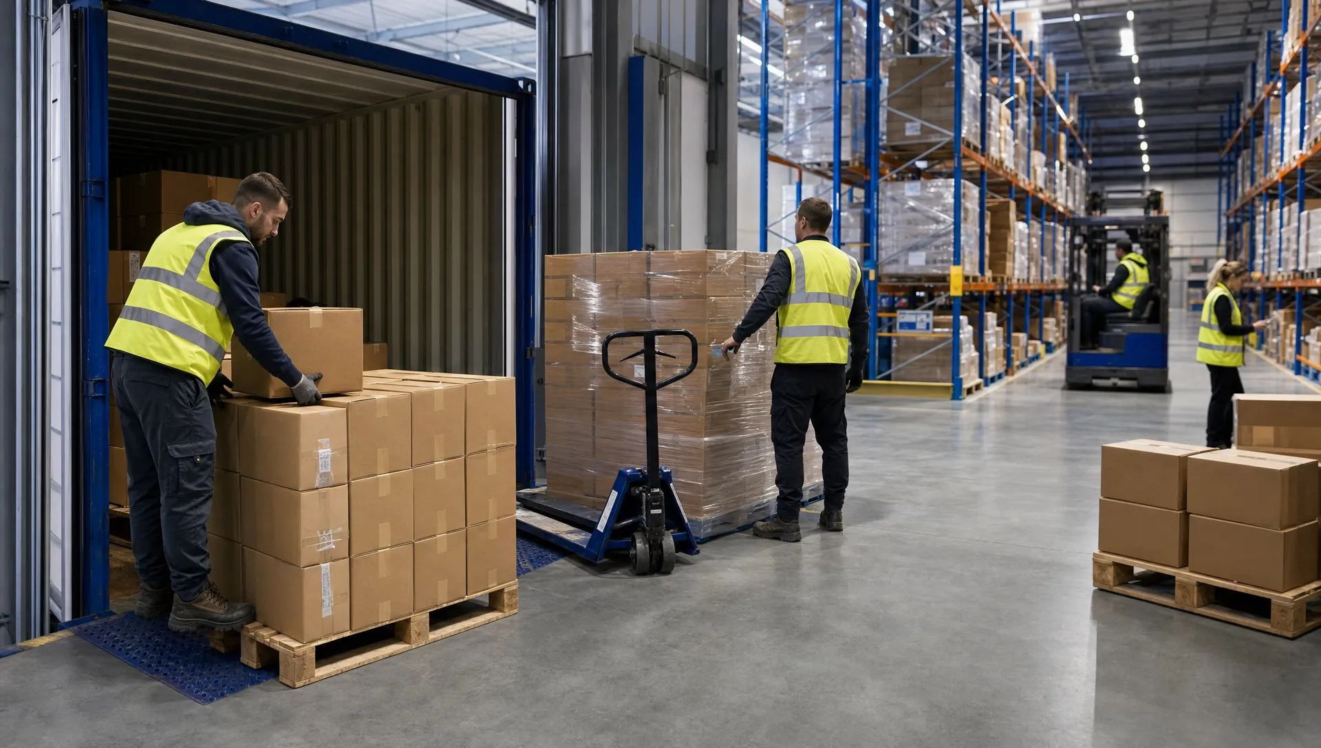 Workers sort loose cartons onto pallets in a UK warehouse as checked goods move into racking.